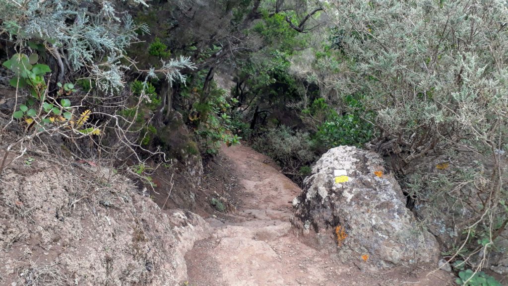 Die weiß-gelbe Markierung auf dem Fels bestätigt den richtigen Wanderweg