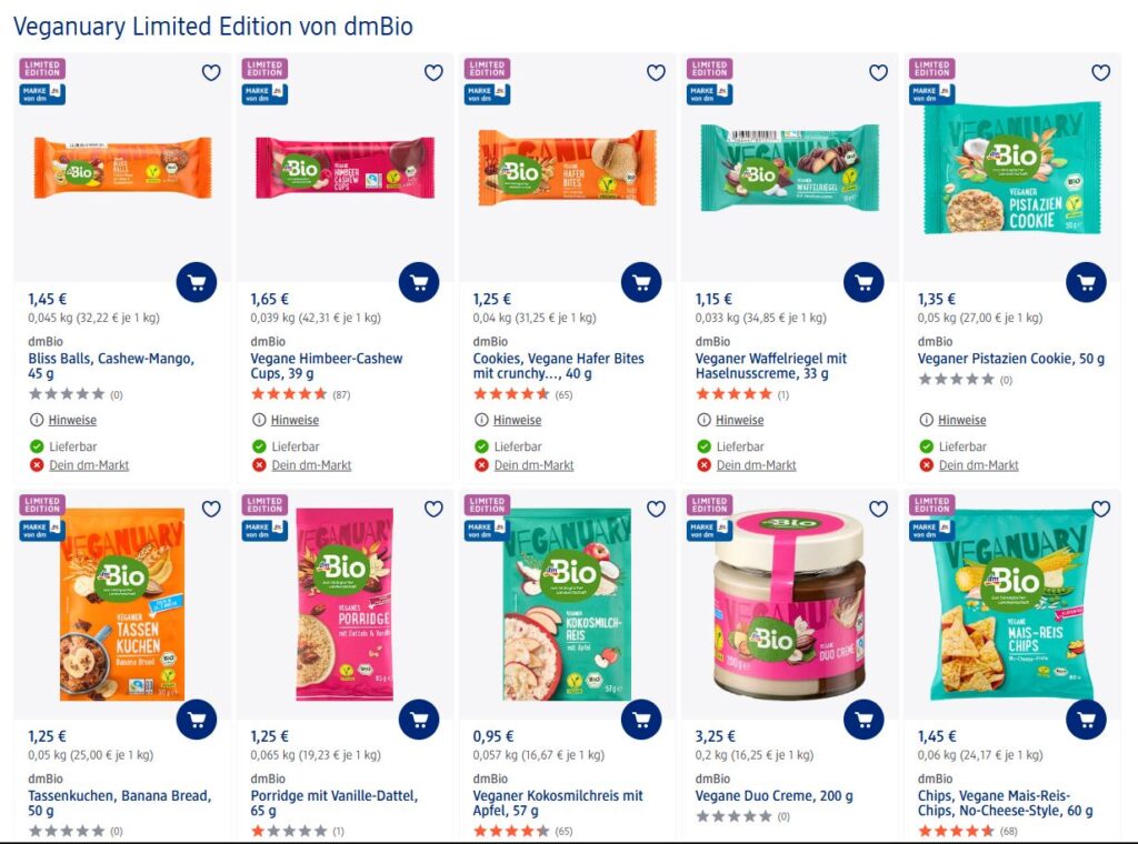 Ein Teil der neuen veganen Produkte von dmBio zur diesjährigen Veganuary-Aktion