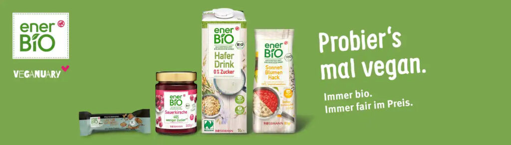 Auch Rossmann bringt mit seiner Eigenmarke enerBio neue Produkte zum Veganuary raus