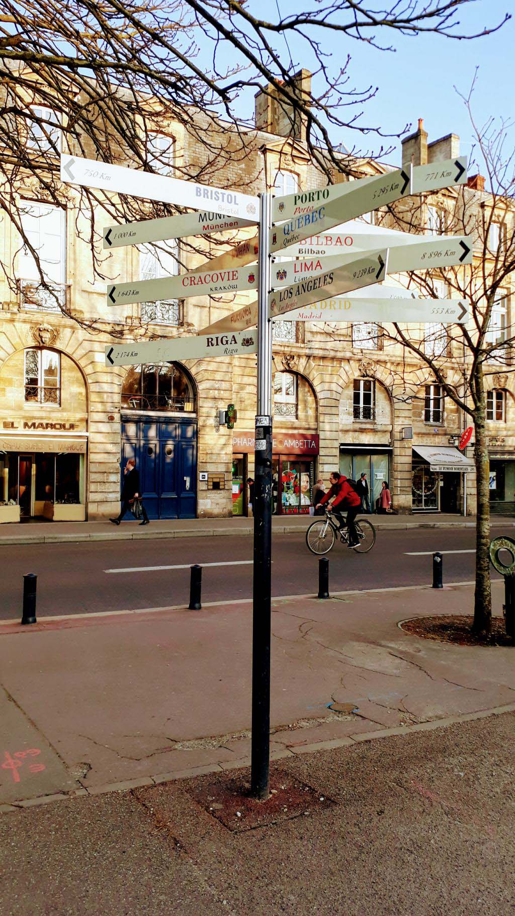 Distance signpost at Place Gambetta in Bordeaux