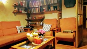 Living area with fireplace, books, music and teas at La Perezosa