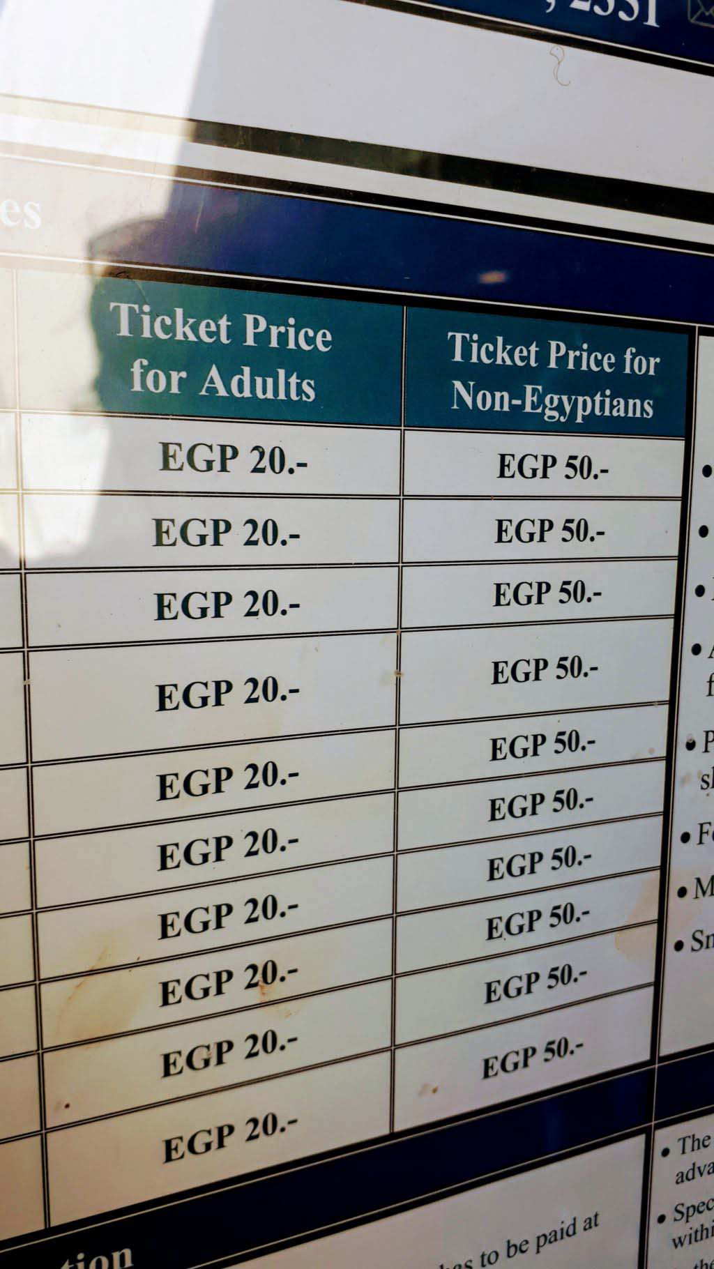 Various ticket prices for Egyptians and non-Egyptians
