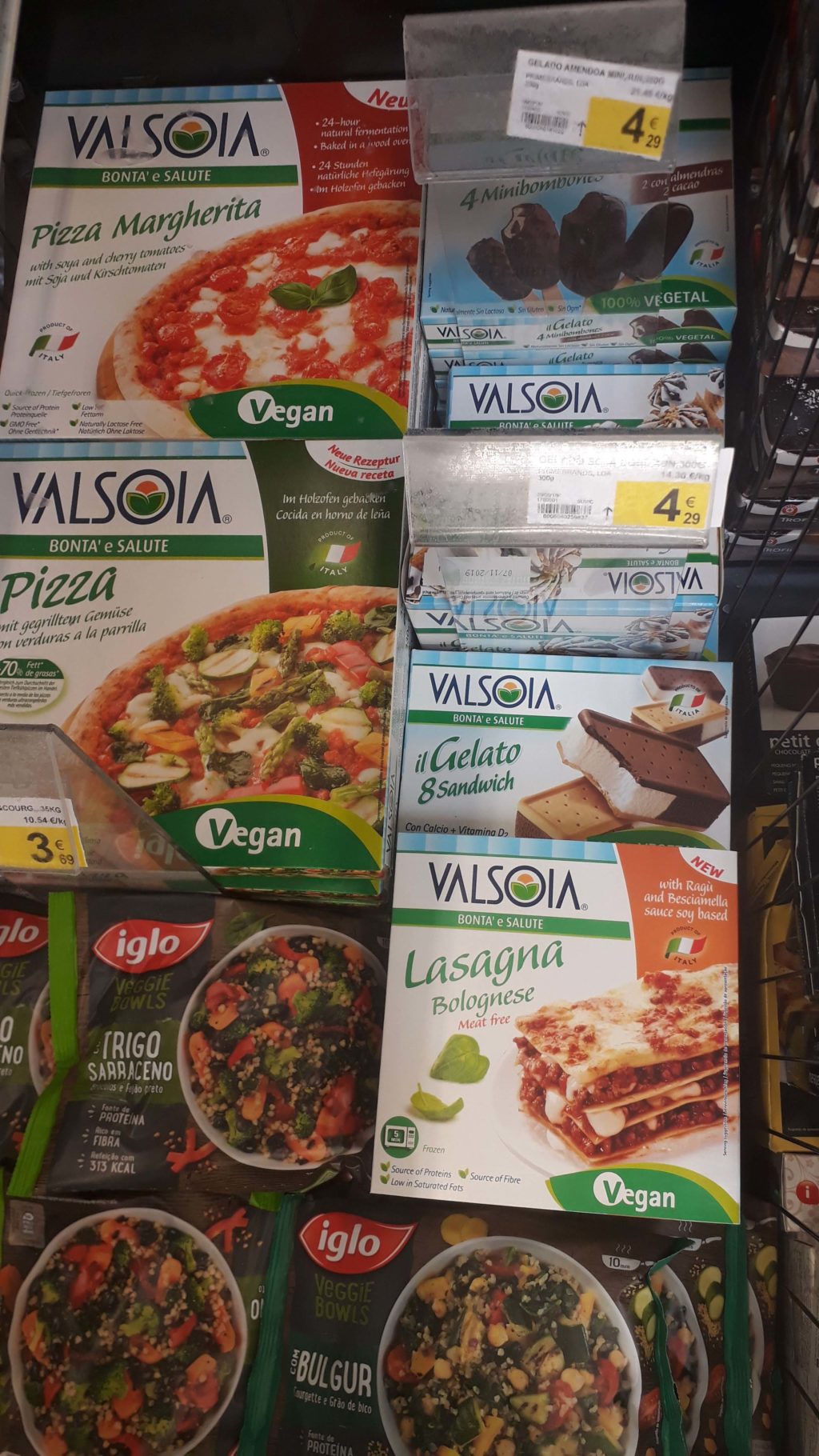 Vegan frozen pizzas, lasagna and various ice creams from Valsoia, Veggie Bowls from iglo