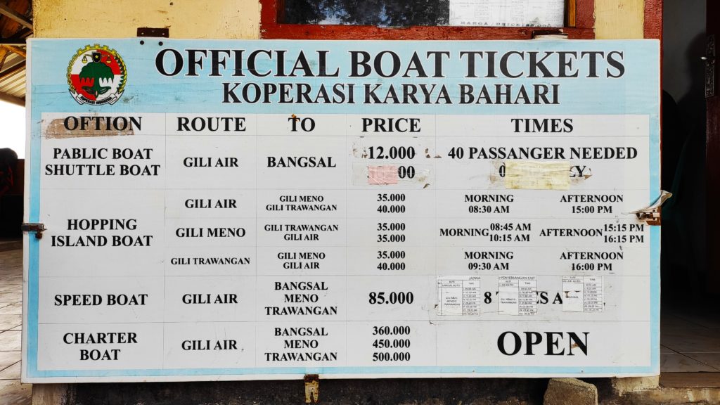Official boat ticket prices for the Gili Islands