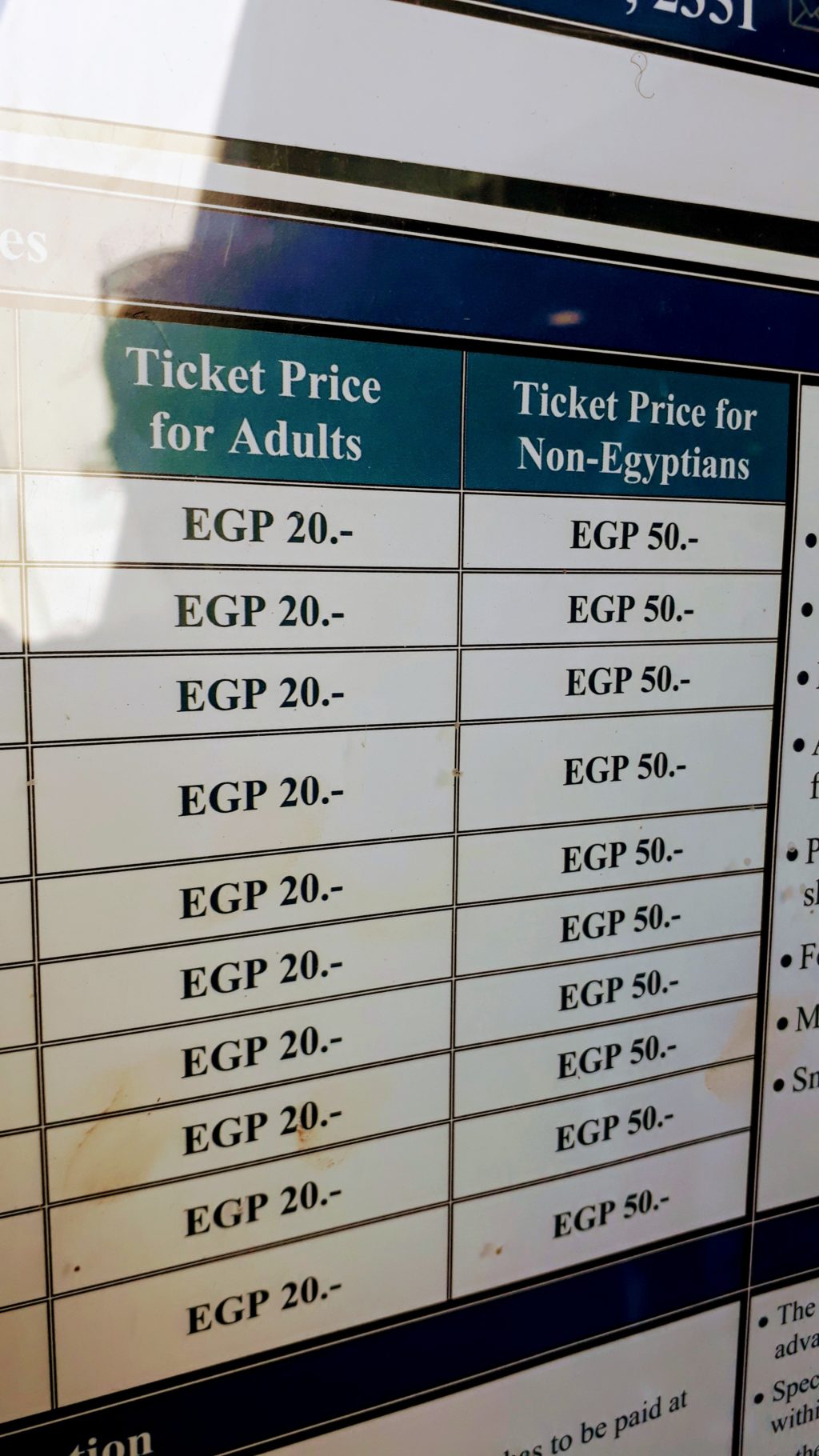 Varios precios de entradas para egipcios y no egipcios